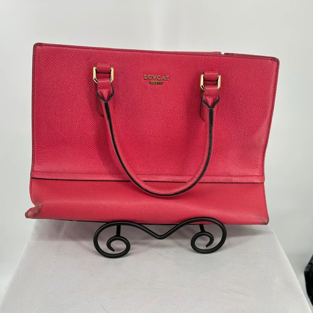 LOVCAT Paris Pink Textured Leather‎ Heart Charm Satchel Handbag Gold Accents